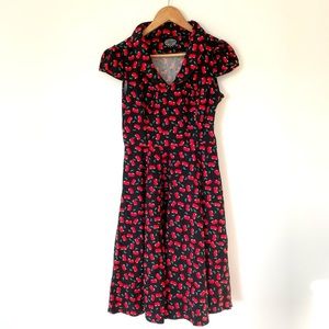 Heart and Roses Pin Up Cherry Dress with v neck and cap sleeves valentines